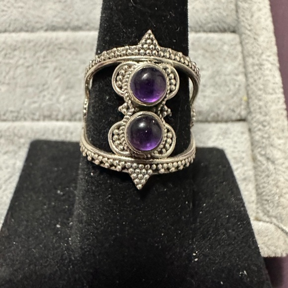 New Sterling Silver Boho Double Purple Amethyst Ring Size 9 Gemstone Crystal - Picture 6 of 11